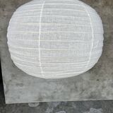Large pendant lamp in rattan and natural linen Japanese style flattened round (Labu) H57 D80