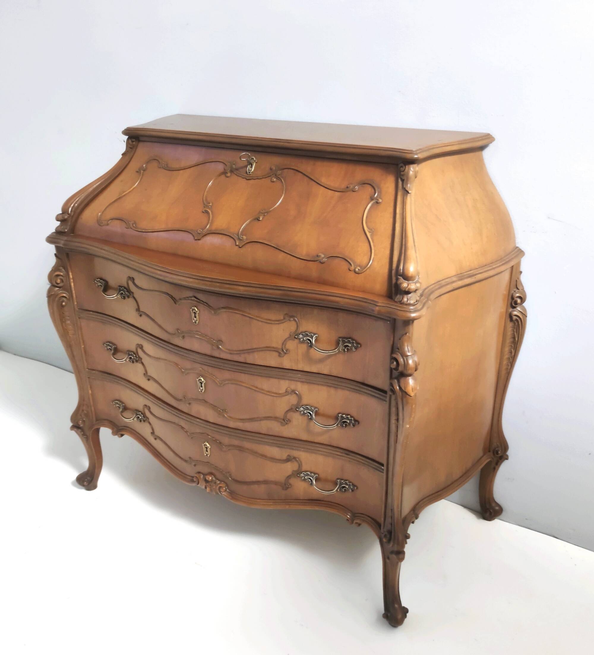 Vintage Baroque Solid Walnut Dresser with Inlaid Designs, Italy