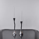 Paire de bougeoirs zigzag, aluminium massif et pierre poli, art3, Espagne, 1970