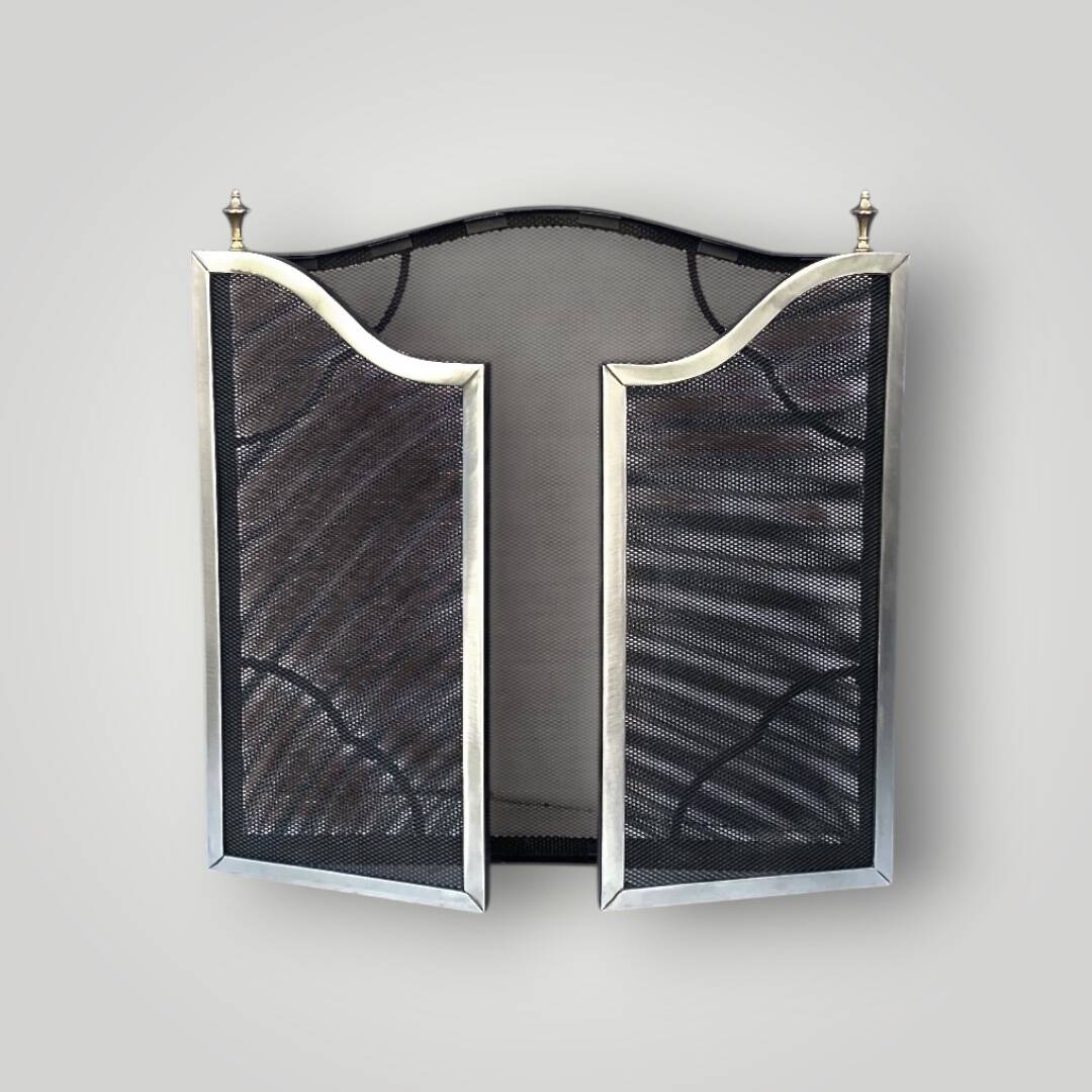 Antique brushed steel and brass fireplace screen – foldable – 1960s