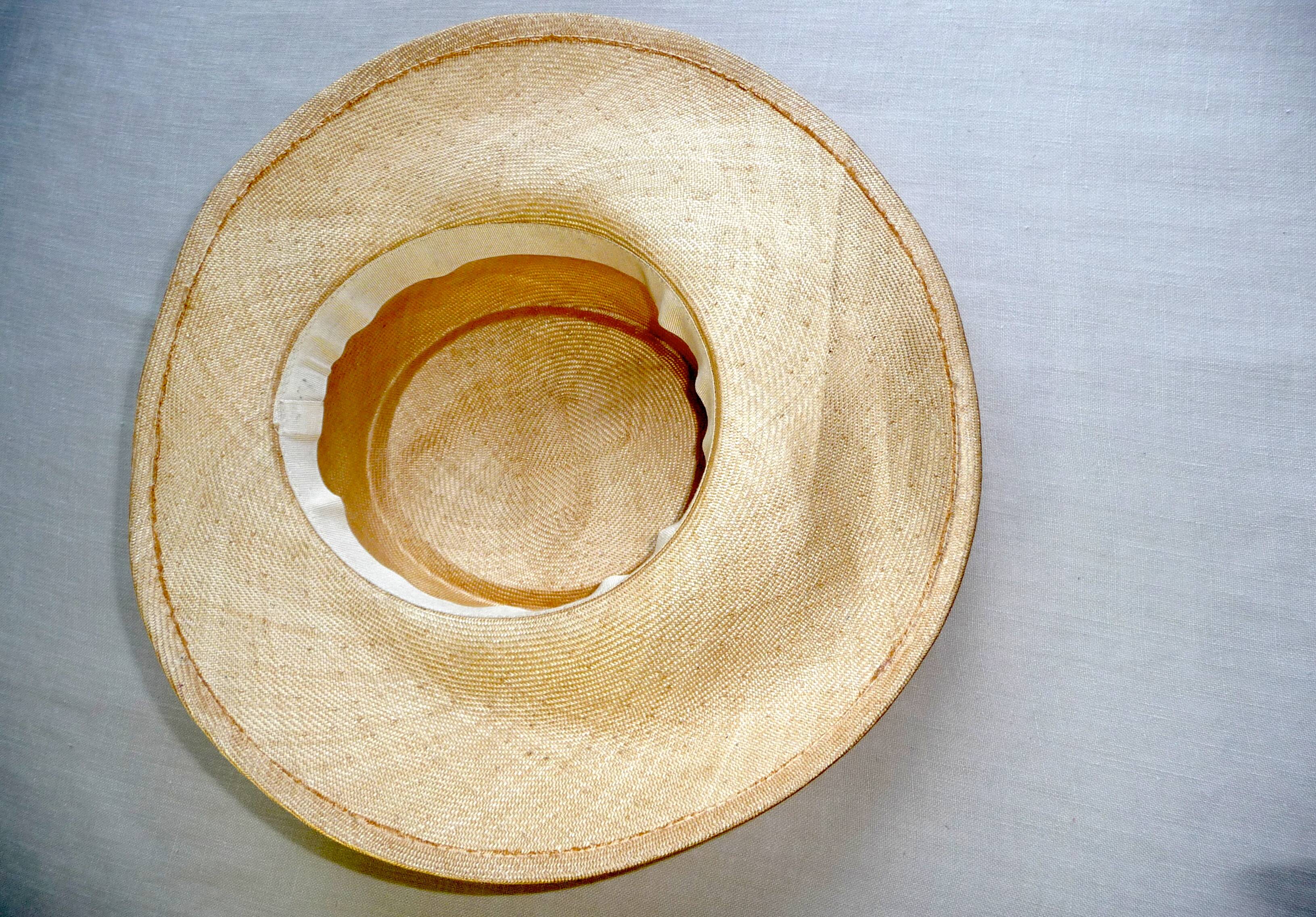 Handmade 50s boater hat in straw and brown ribbon