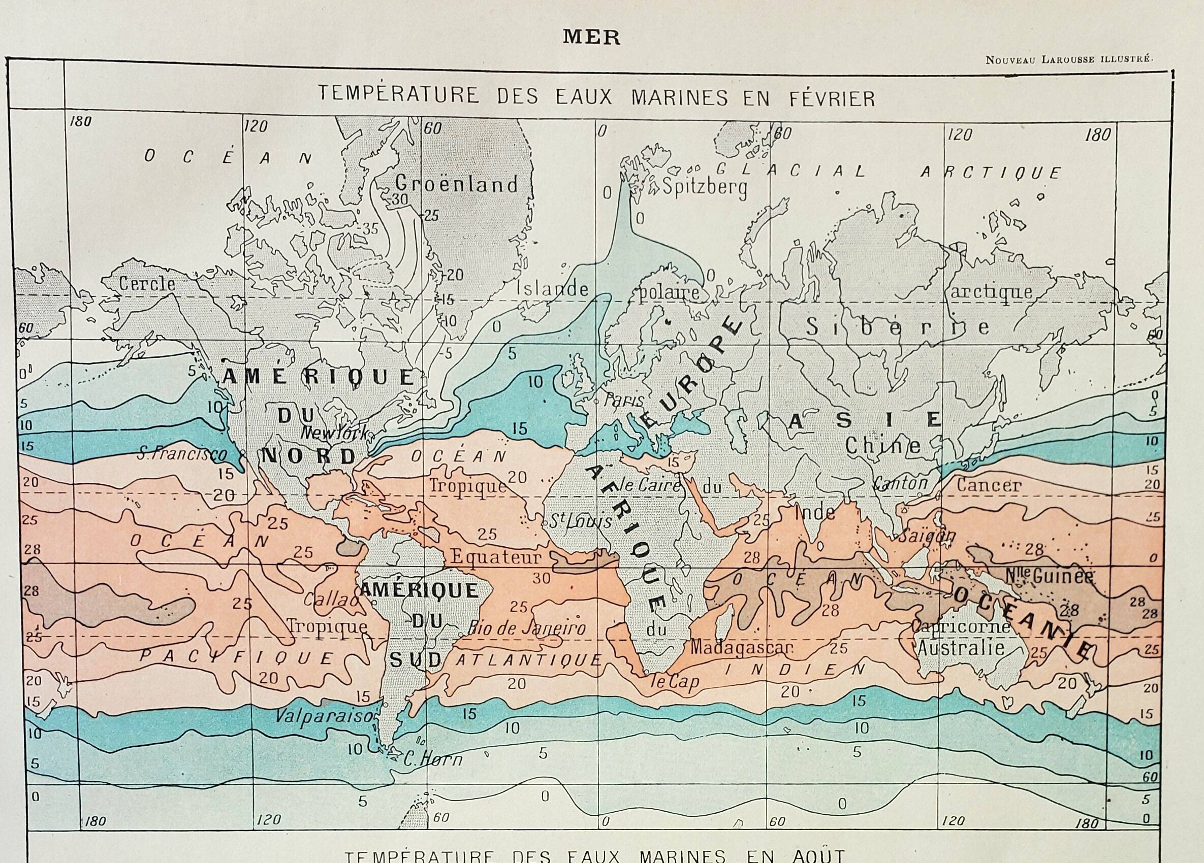 Old engraving 1898, Water temperatures, map • Lithograph, Original plate