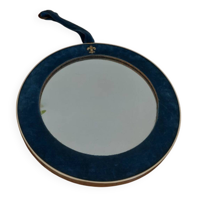 Miroir rond vintage en velours bleu et doré