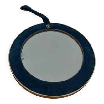 Miroir rond vintage en velours bleu et doré