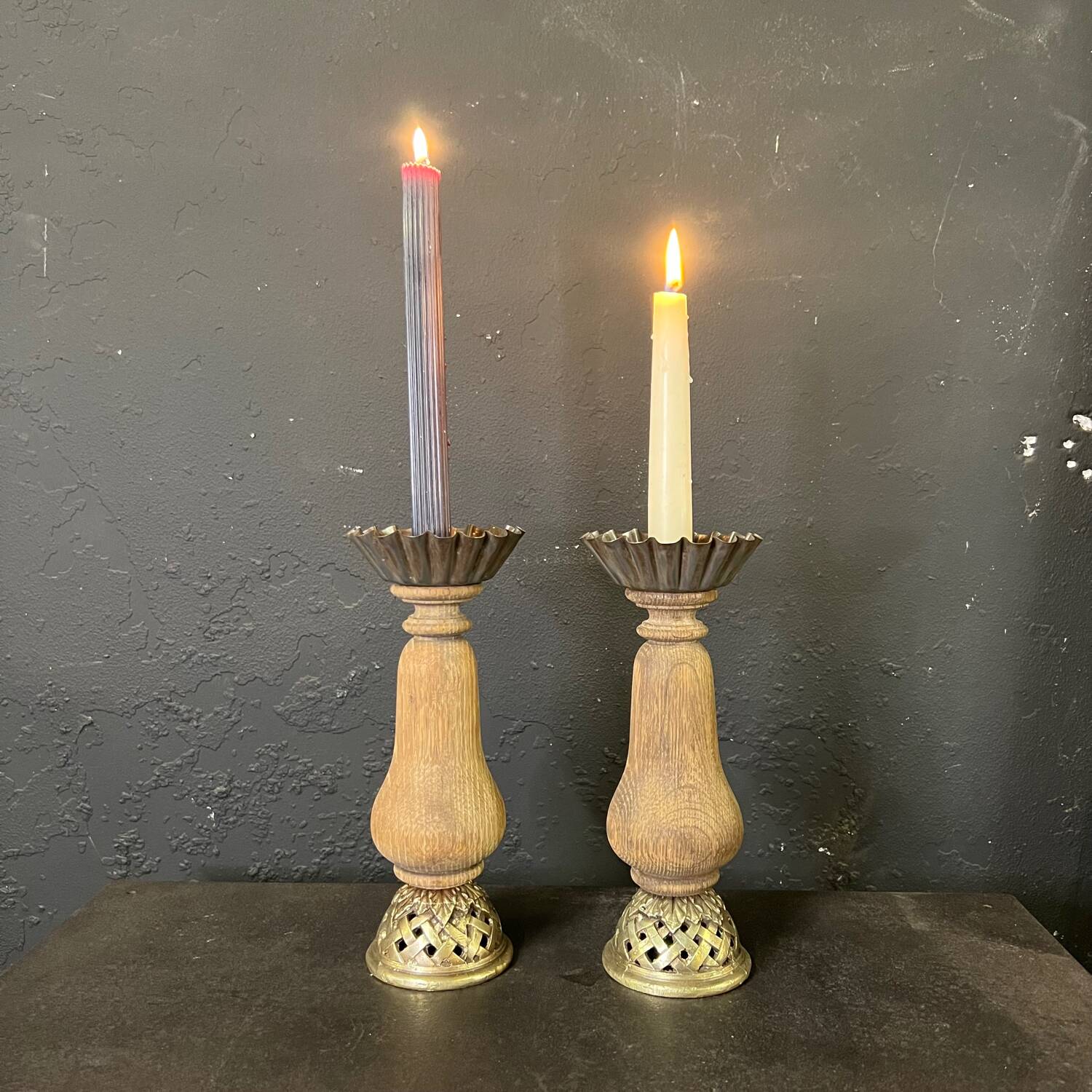 Old oak candle holder with bronze base