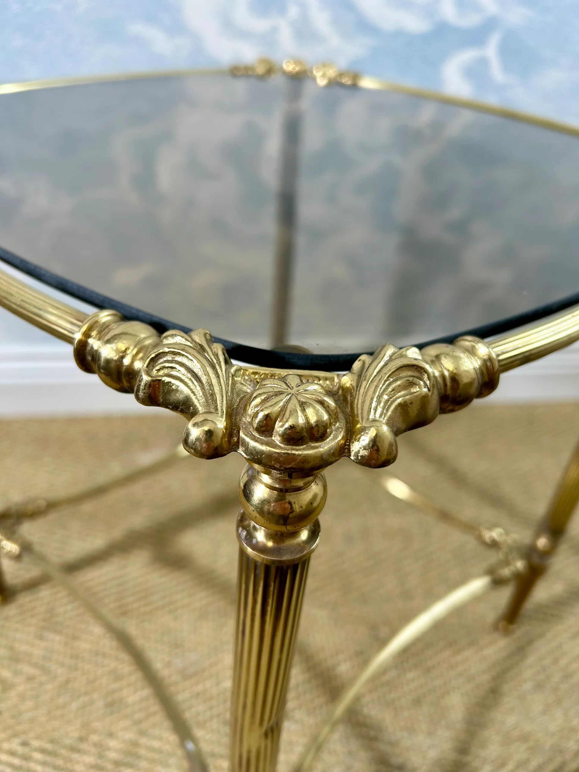 Small side table with a smoked glass top, Hollywood Regency.