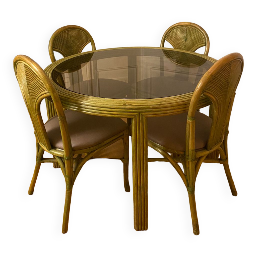 Table ronde en rotin avec 4 chaises | Selency