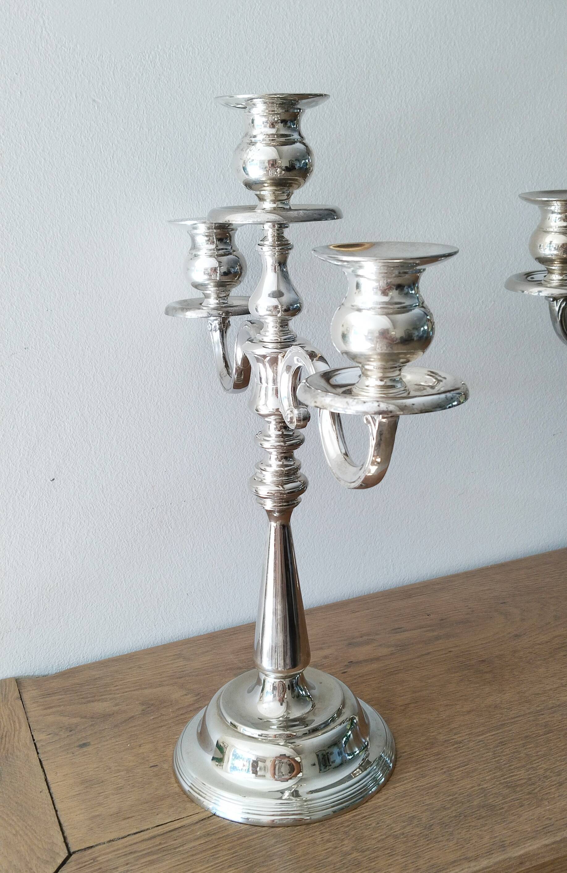 3-arm silver-plated metal candlesticks, candlesticks
