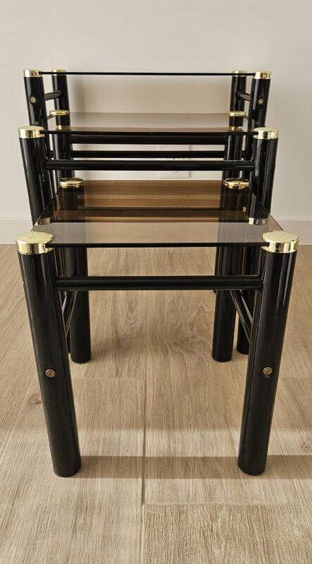 Set of 3 vintage nesting tables in smoked glass and black metal – 1970s