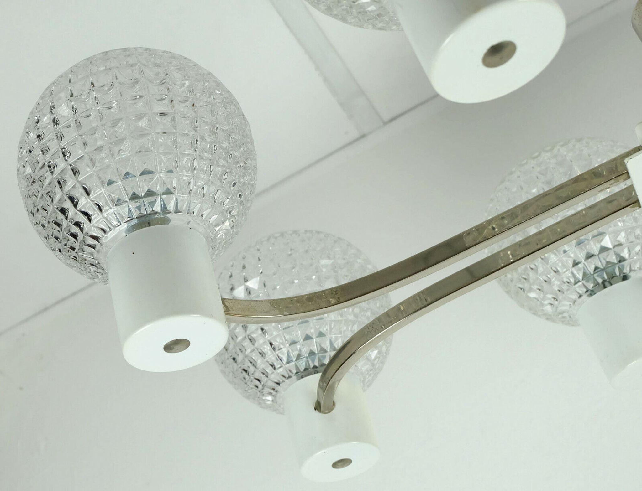 1960s mid century HANGING LAMP chrome metal chandelier with 8 glass shades