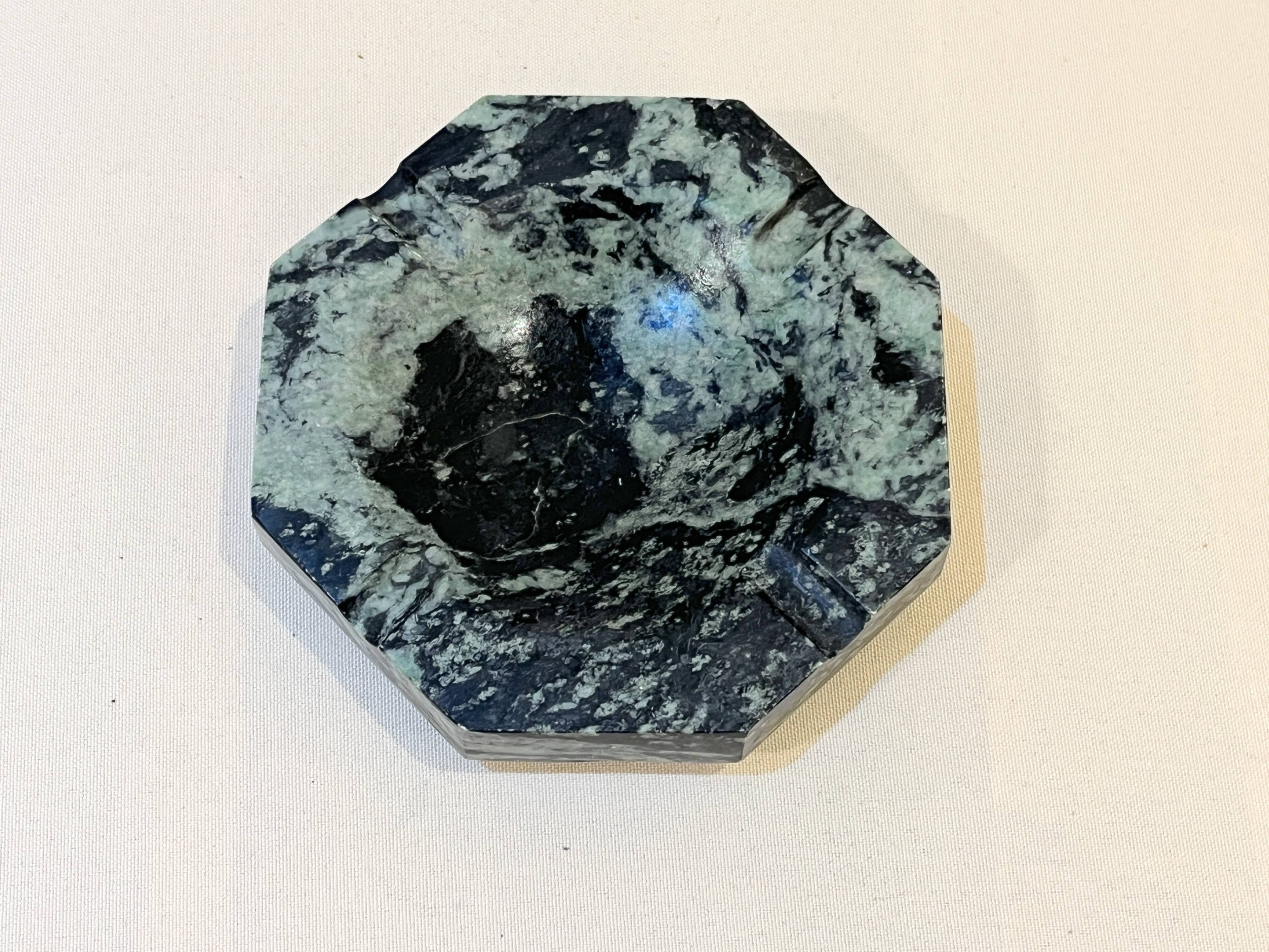 Vintage green and black marble octagonal pocket emptier antique mid-century ashtray