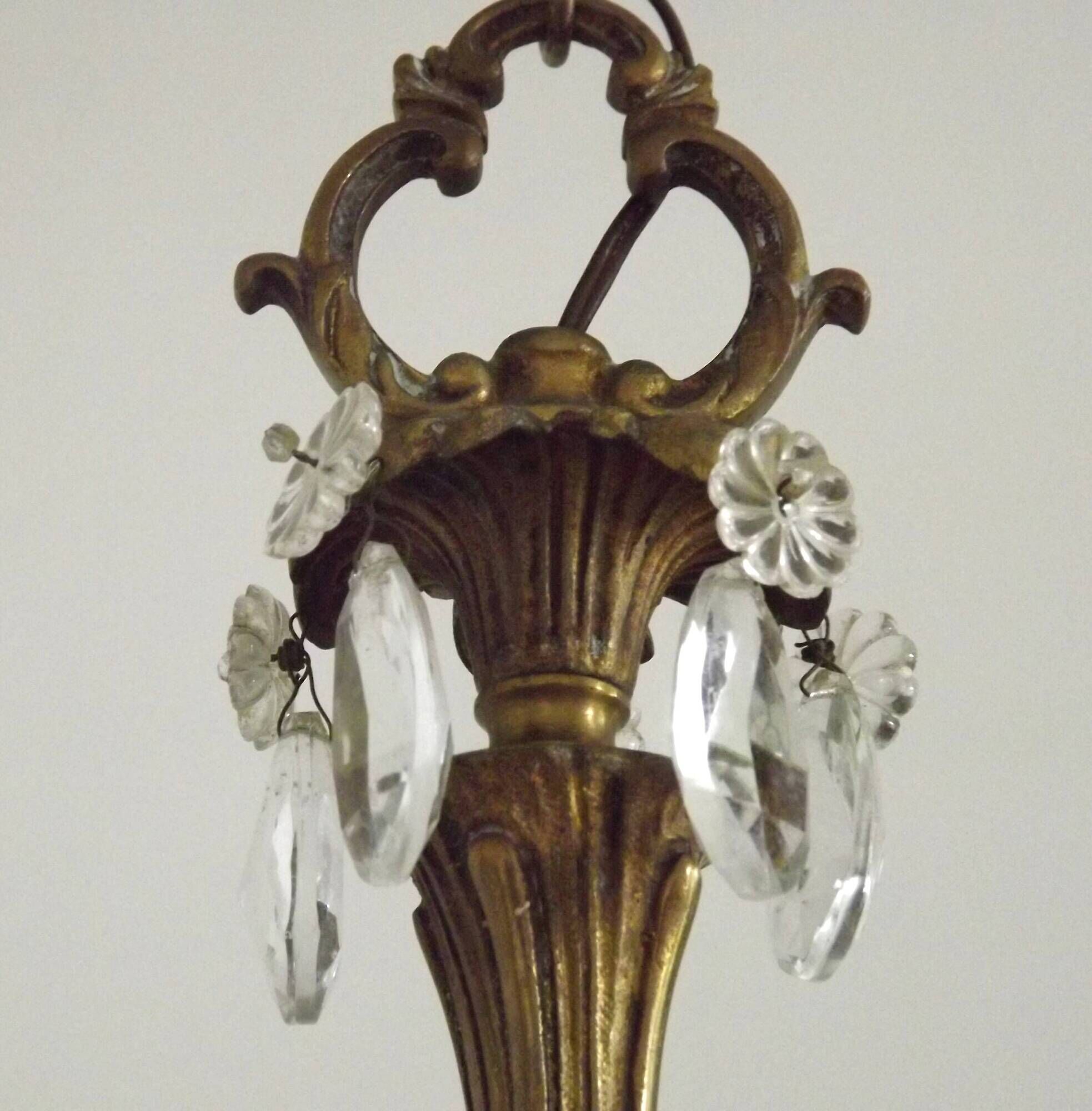 French Vintage Bronze and Glass 4 Light Art Nouveau Crystal Chandelier