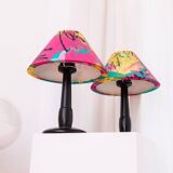 Pair of Memphis Pop Art Table Lamps, Multicolored Fabric Shades, Black Lacquered Bases - Belgian Massive, 1980s