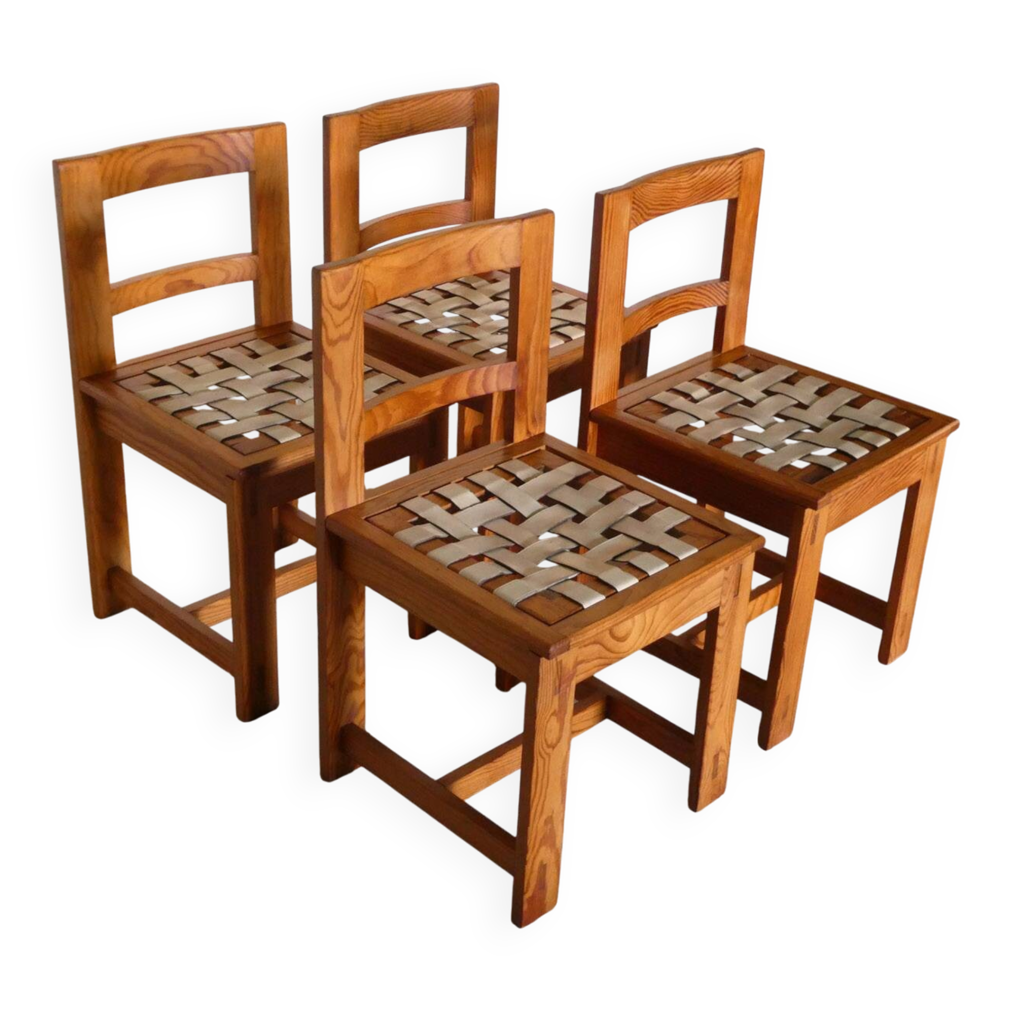 set of 4 pine and leather chairs, 1970