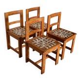 set of 4 pine and leather chairs, 1970