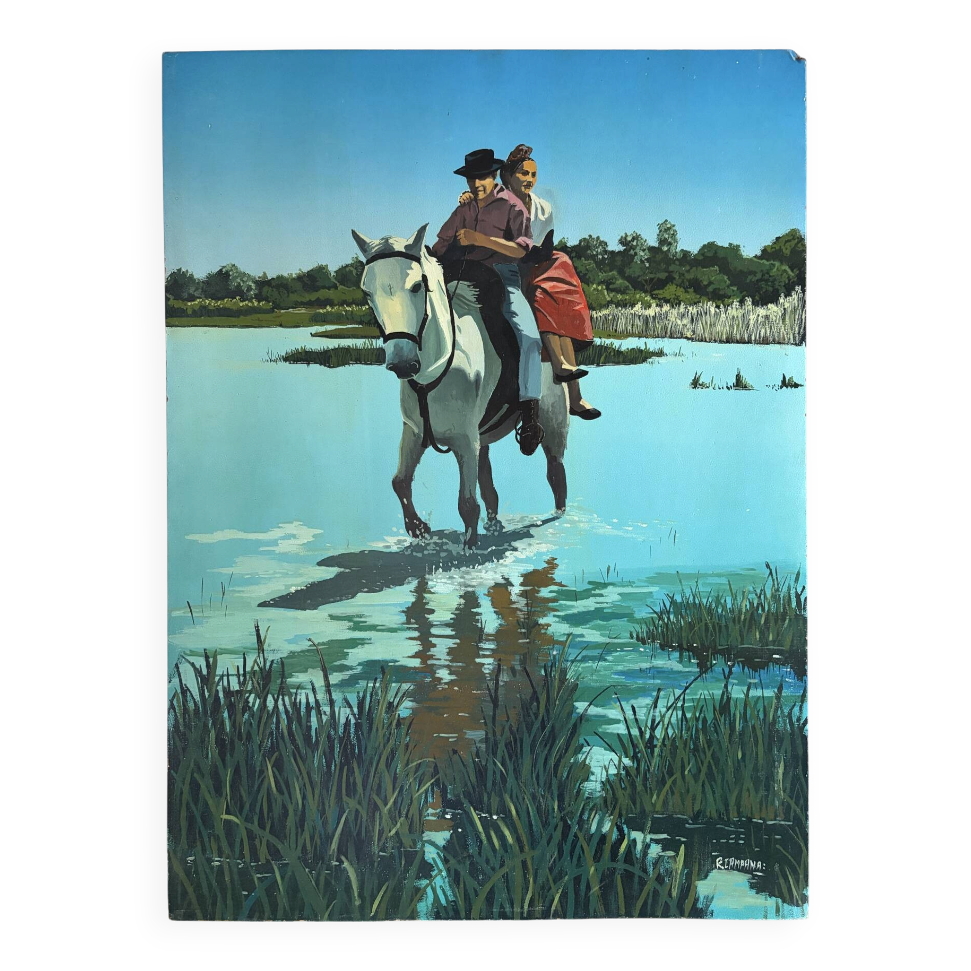 River crossing on horseback, on a sign by Campana.