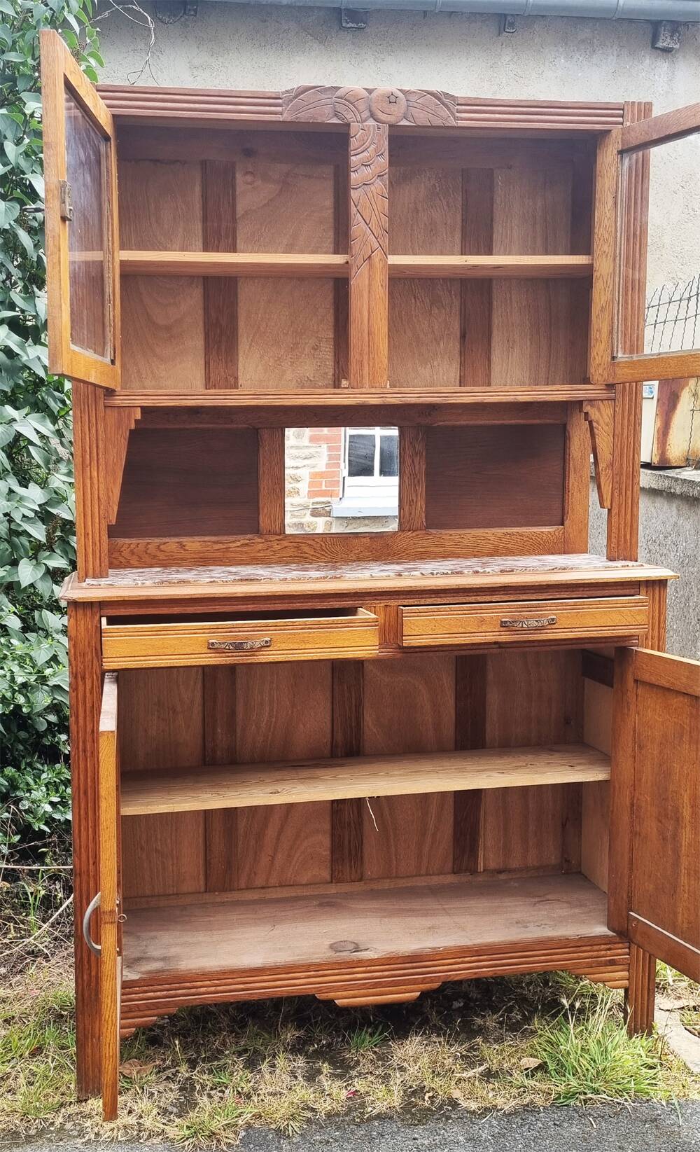 Buffet cuisine, vaisselier, deux corps, bois et marbre, années 30 / 40