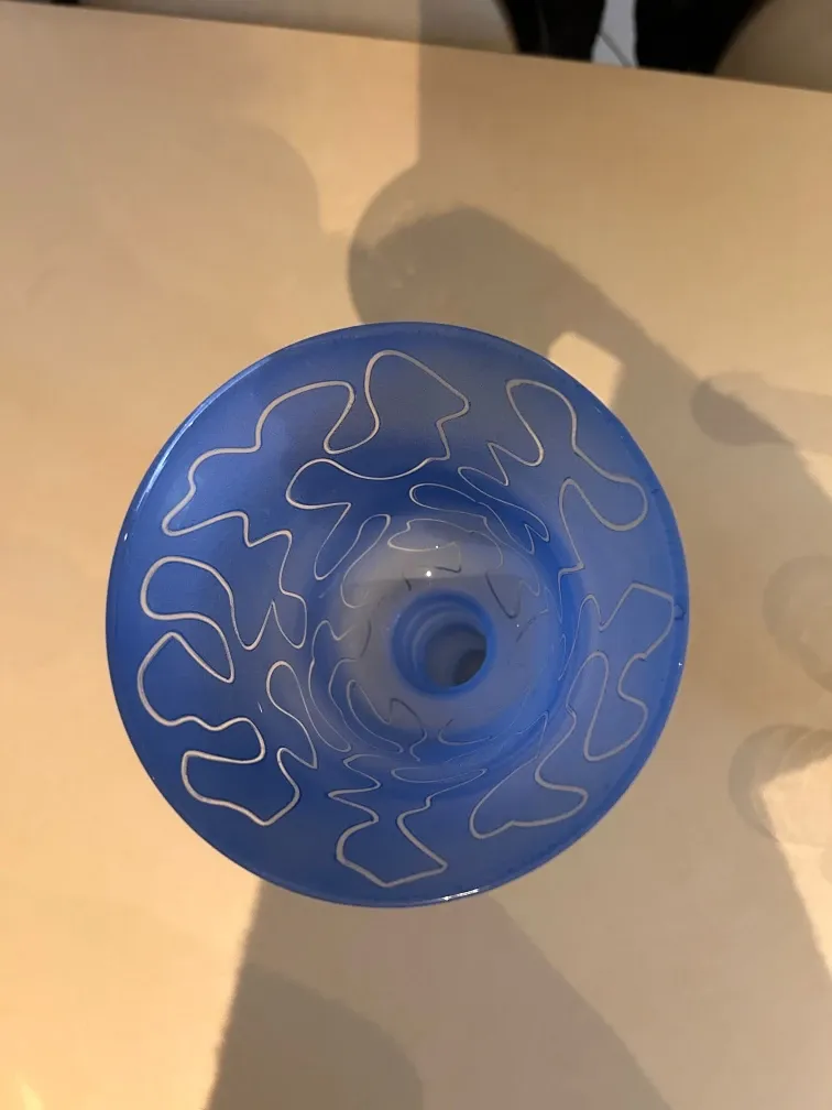 Frosted blue glass tulip vase on a stand. 90s.