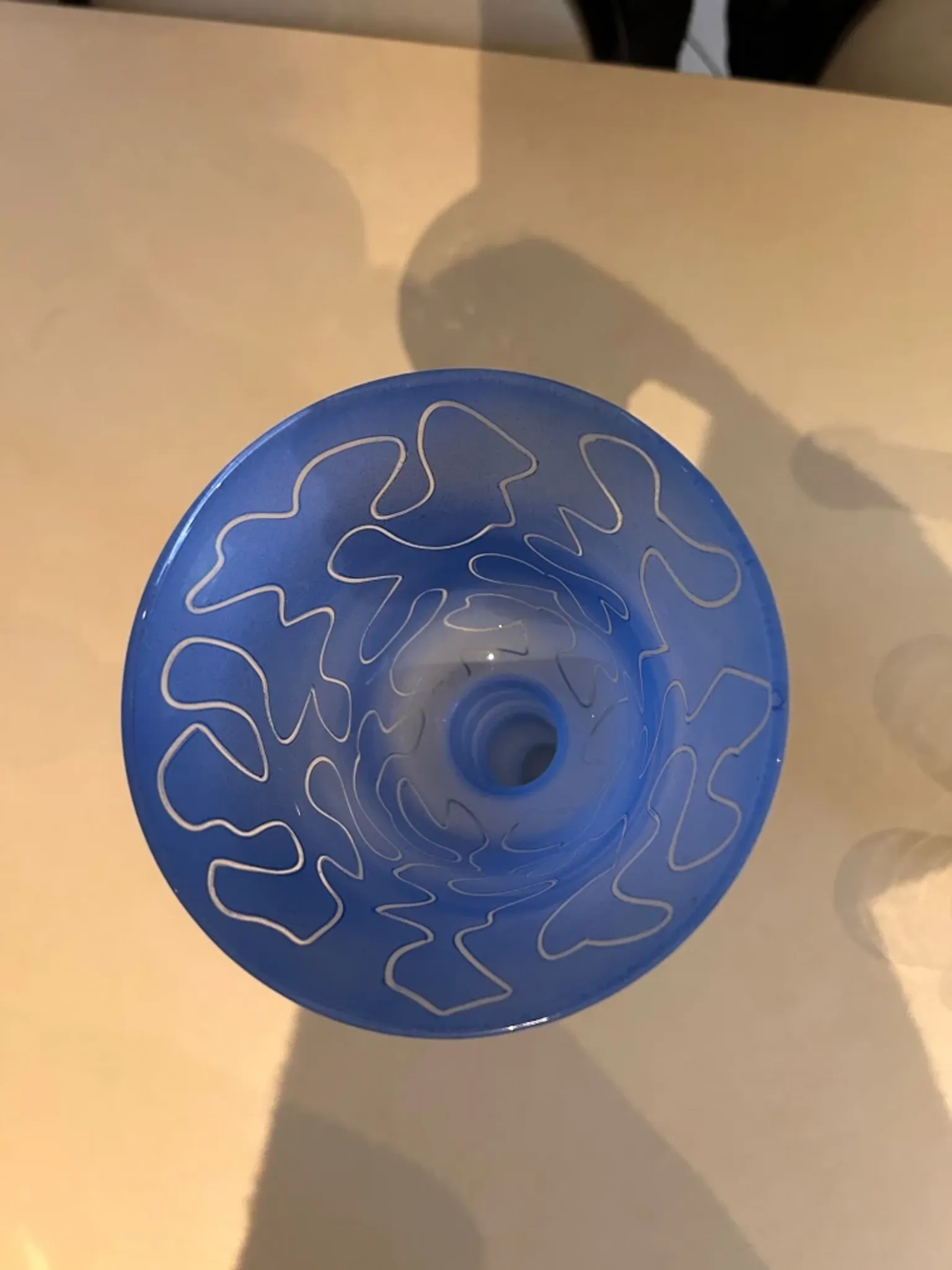 Frosted blue glass tulip vase on a stand. 90s.