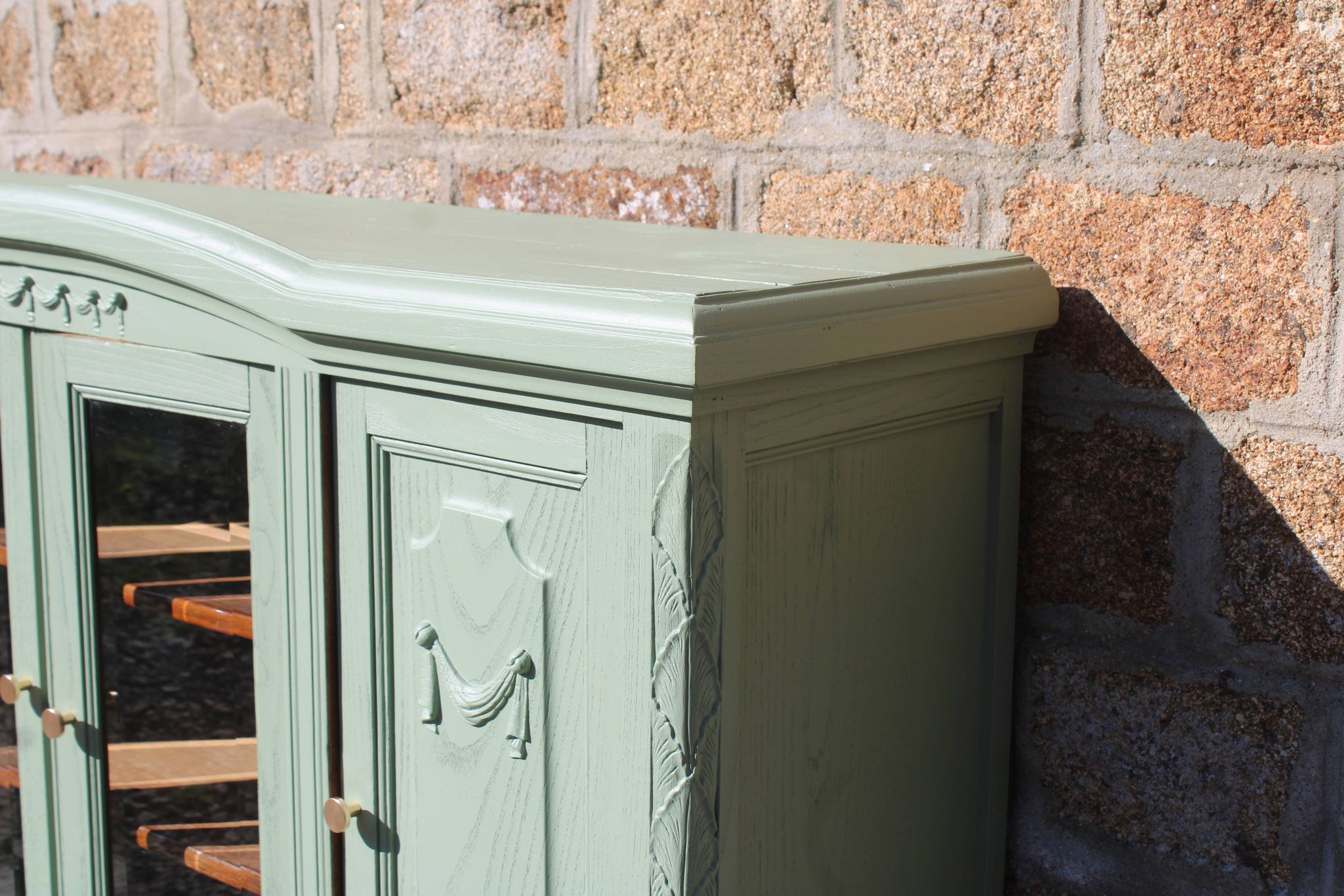 Renovated vintage sage green enfilade – wooden legs & bevelled display cabinets