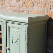 Renovated vintage sage green enfilade – wooden legs & bevelled display cabinets