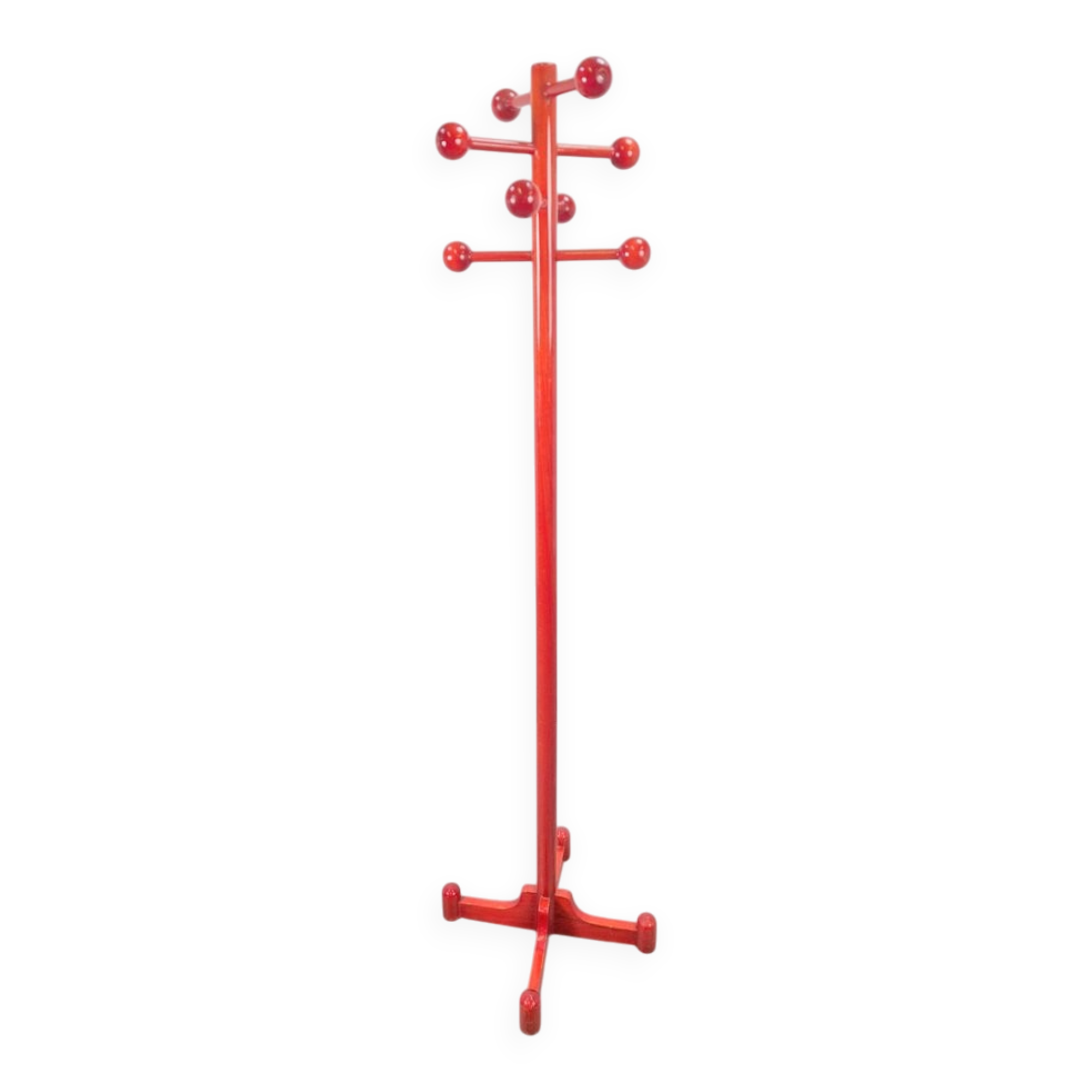Postmodern Red Stained Beech Coat Rack with Balls, Italy, 1970s