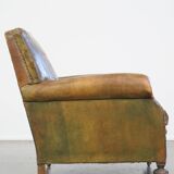 Fauteuil à roulettes anglais en cuir de vachette vert antique