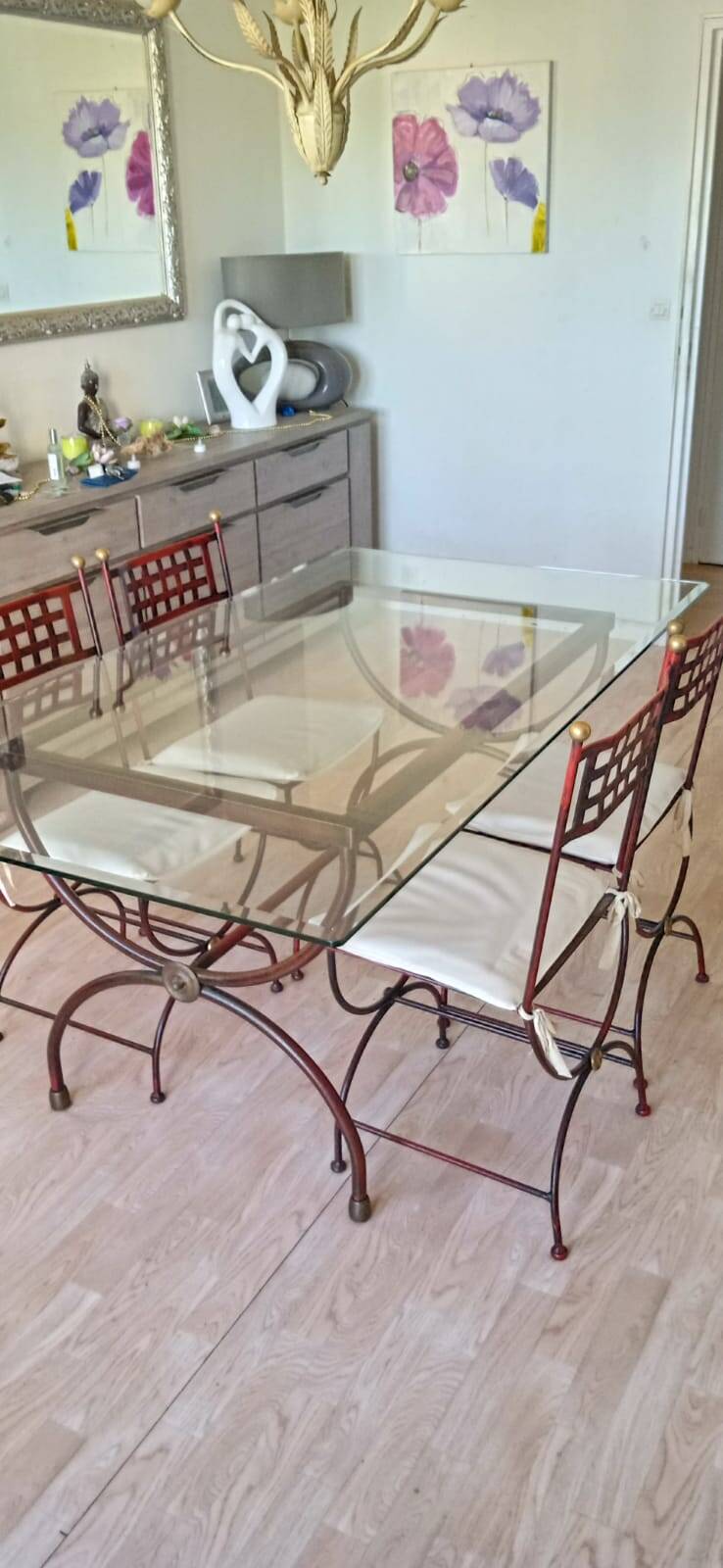 Table fer forgé et verre avec 4 chaises