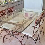 Table fer forgé et verre avec 4 chaises