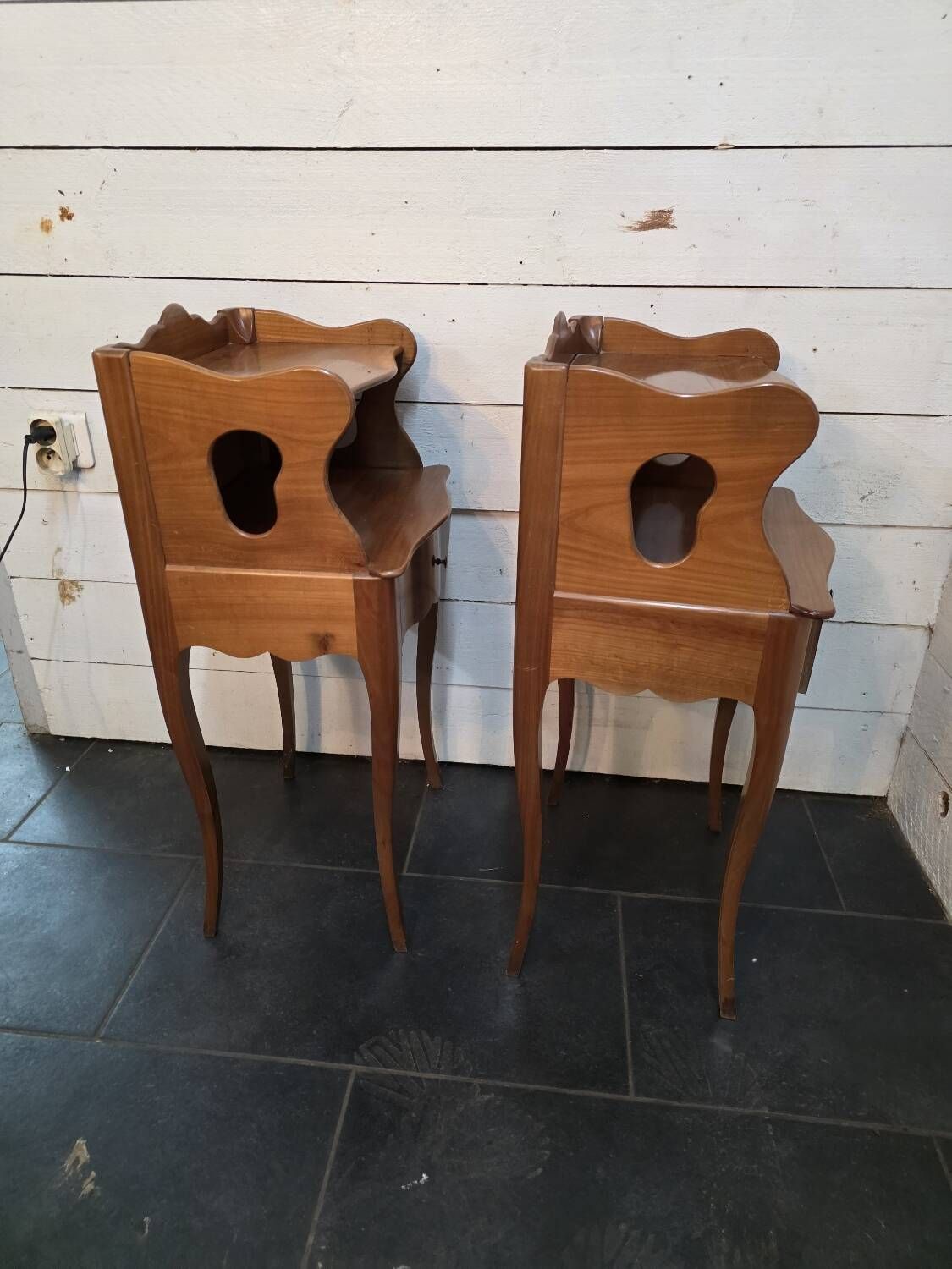 Pair of Louis XV style curved bedside tables in cherry wood
