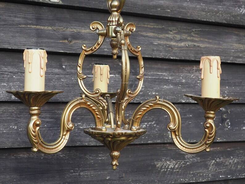Vintage French Cage Chandelier: Bronze & Brass 3-Branch Ceiling Light