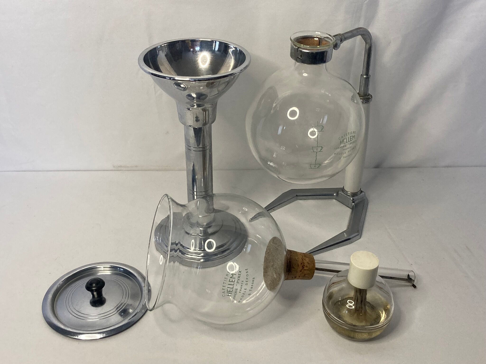 Vintage glass coffee maker pyrex chrome 8 cups Hellem circa 1950