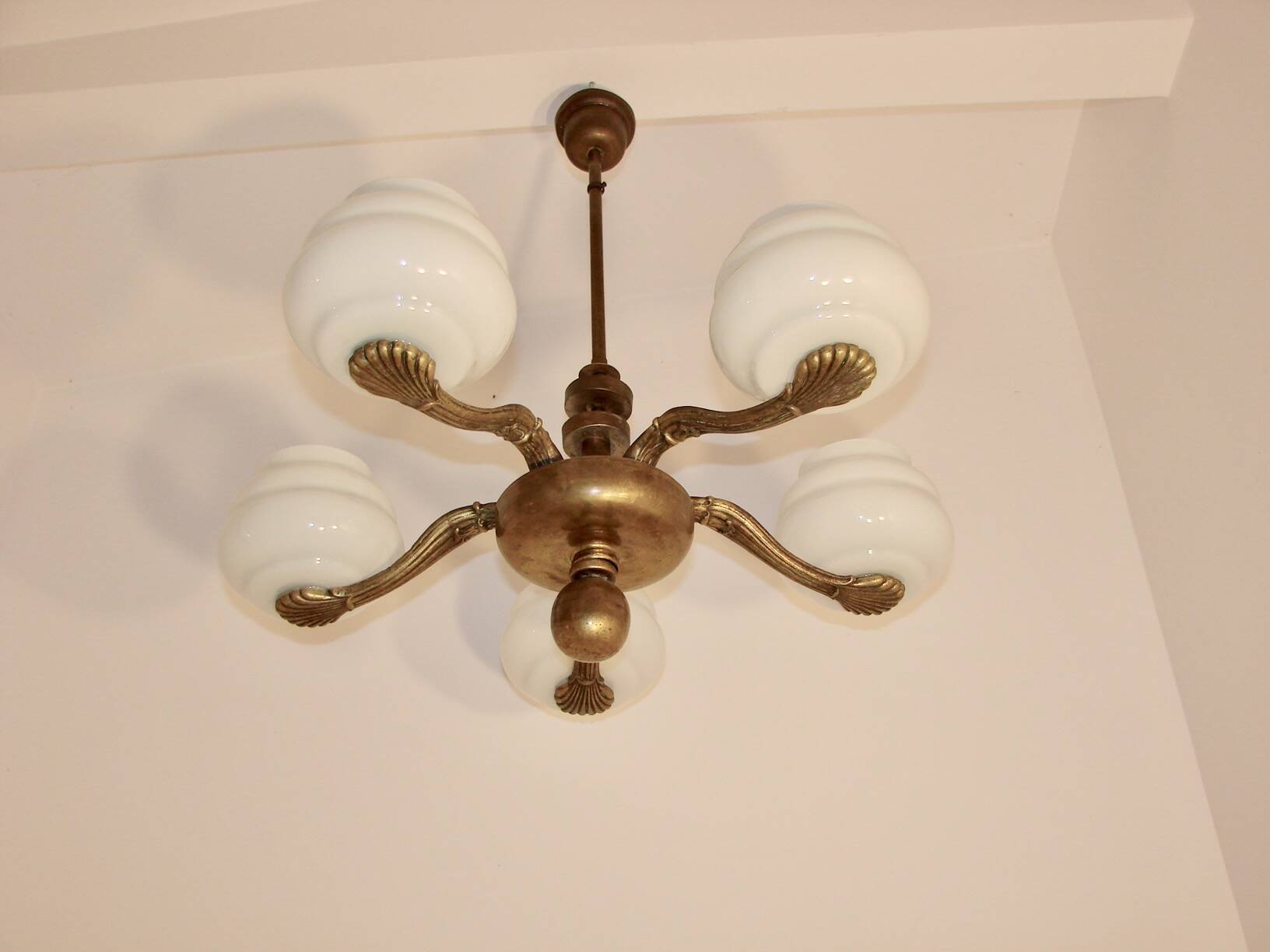 1930s-1940s chandelier – brass and glass, 5 x E27