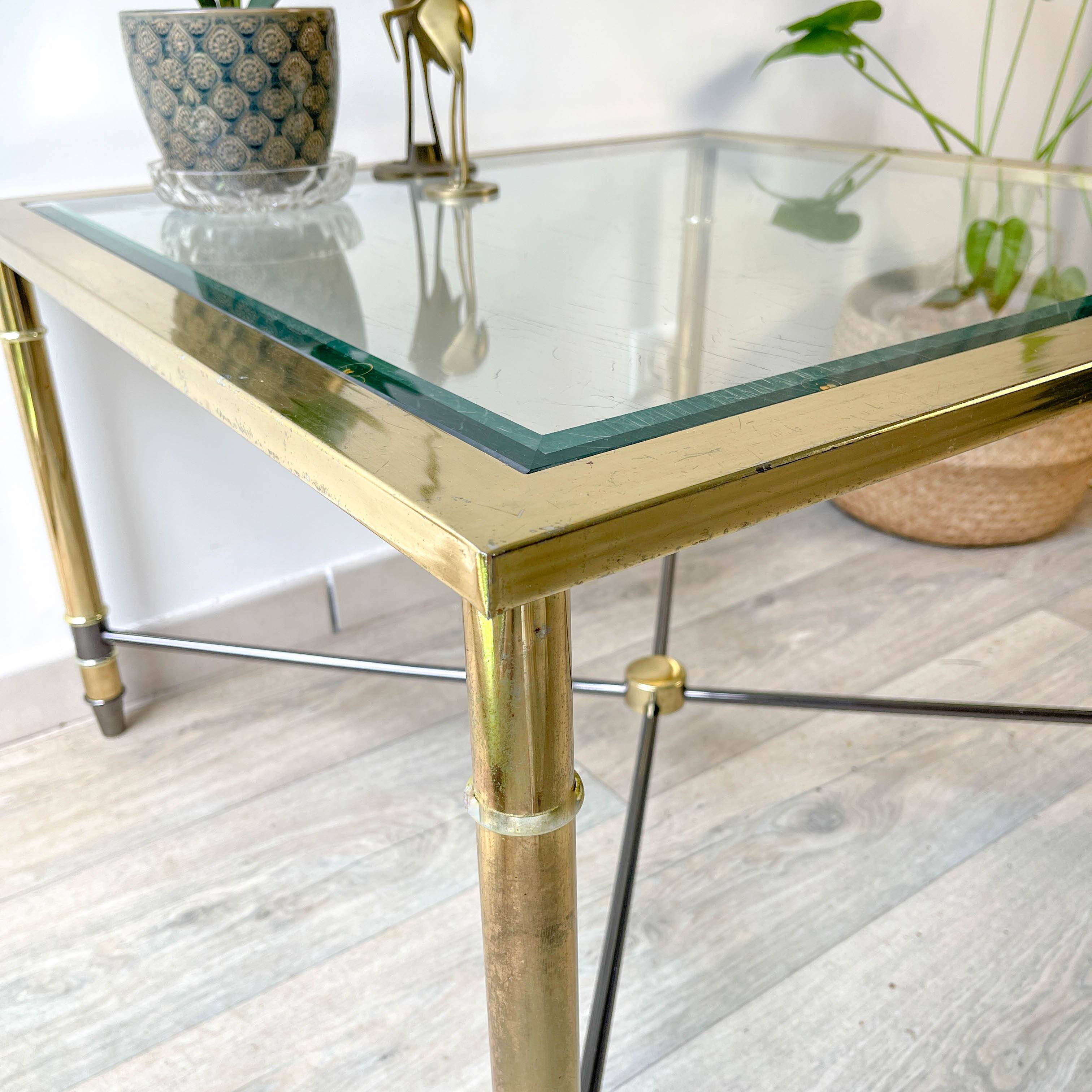 Vintage Brass and Square Beveled Glass Coffee Table