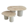 Oval coffee table duo travertine and white fluted wooden legs.