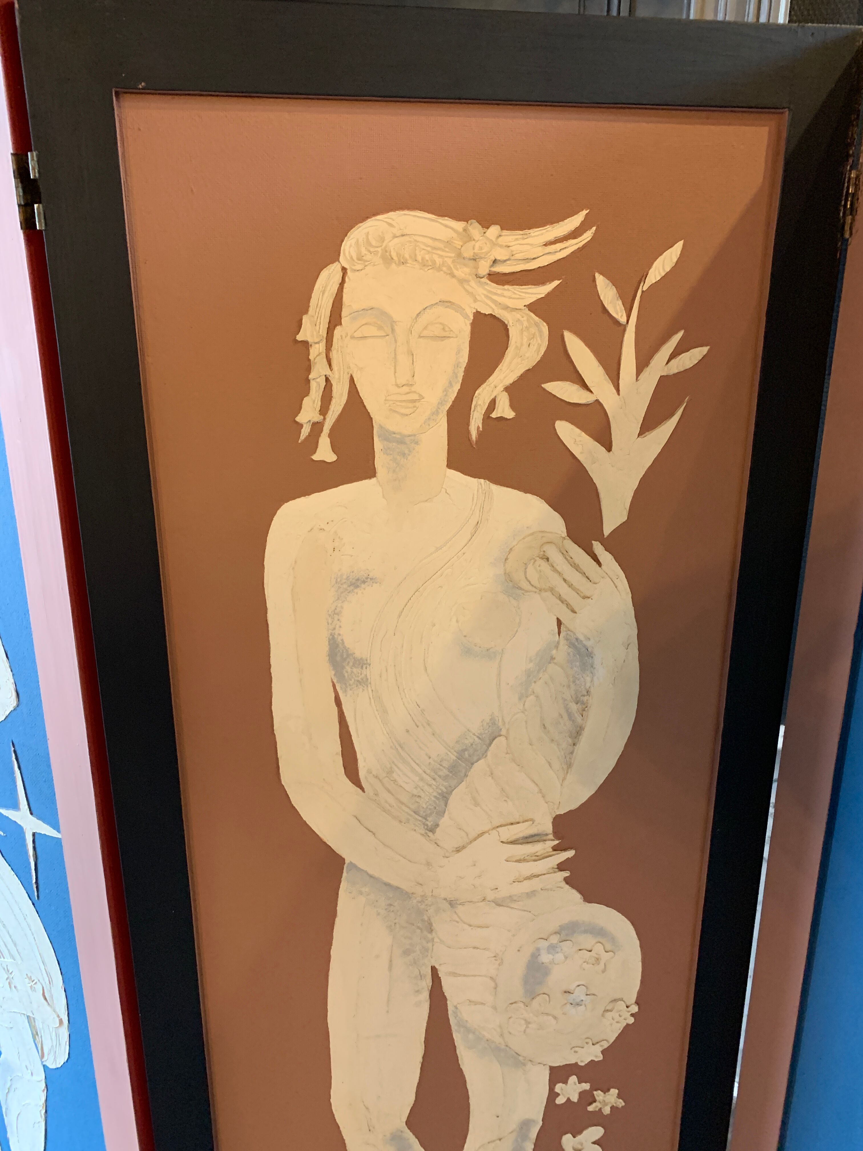 Claustra Expressionist screen " 4 Seasons & 4 Elements ", figurative painting, ca 1940