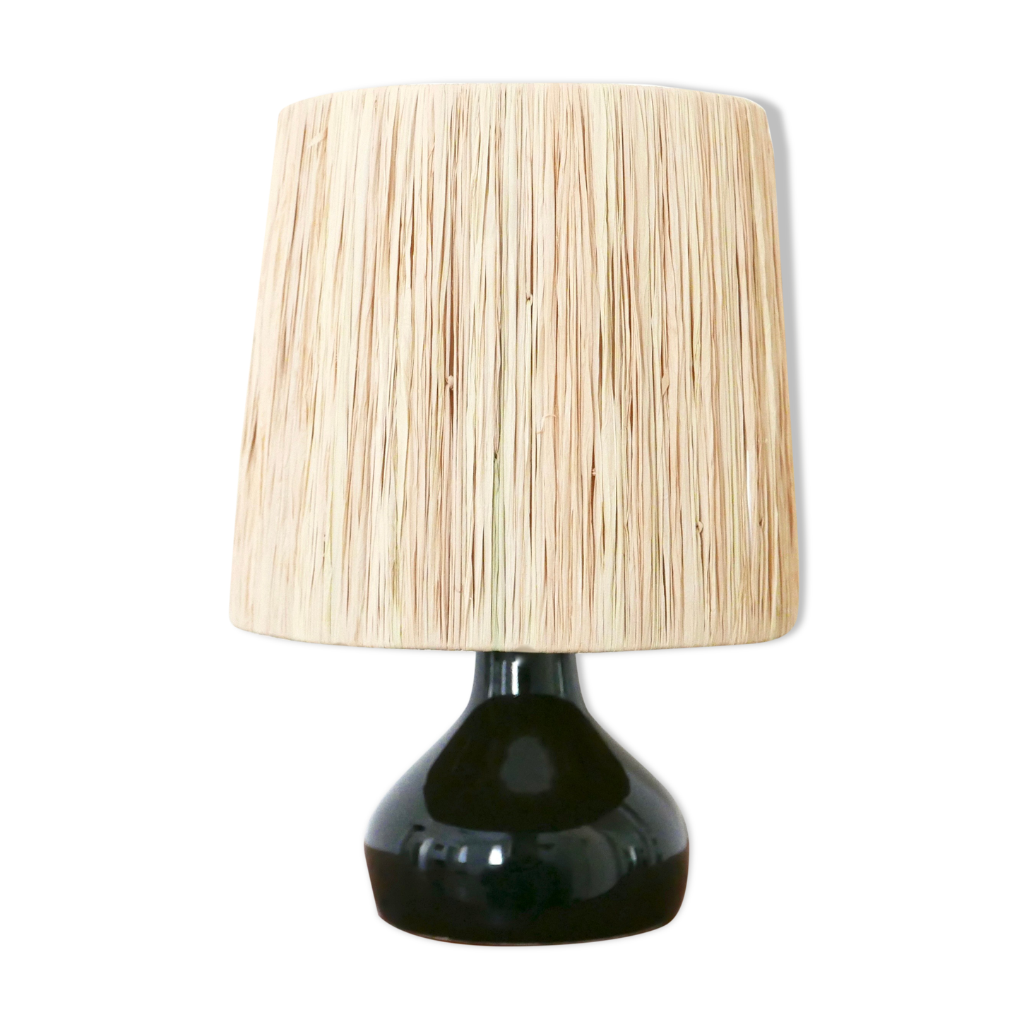 Black ceramic lamp, raffia lampshade, 70s