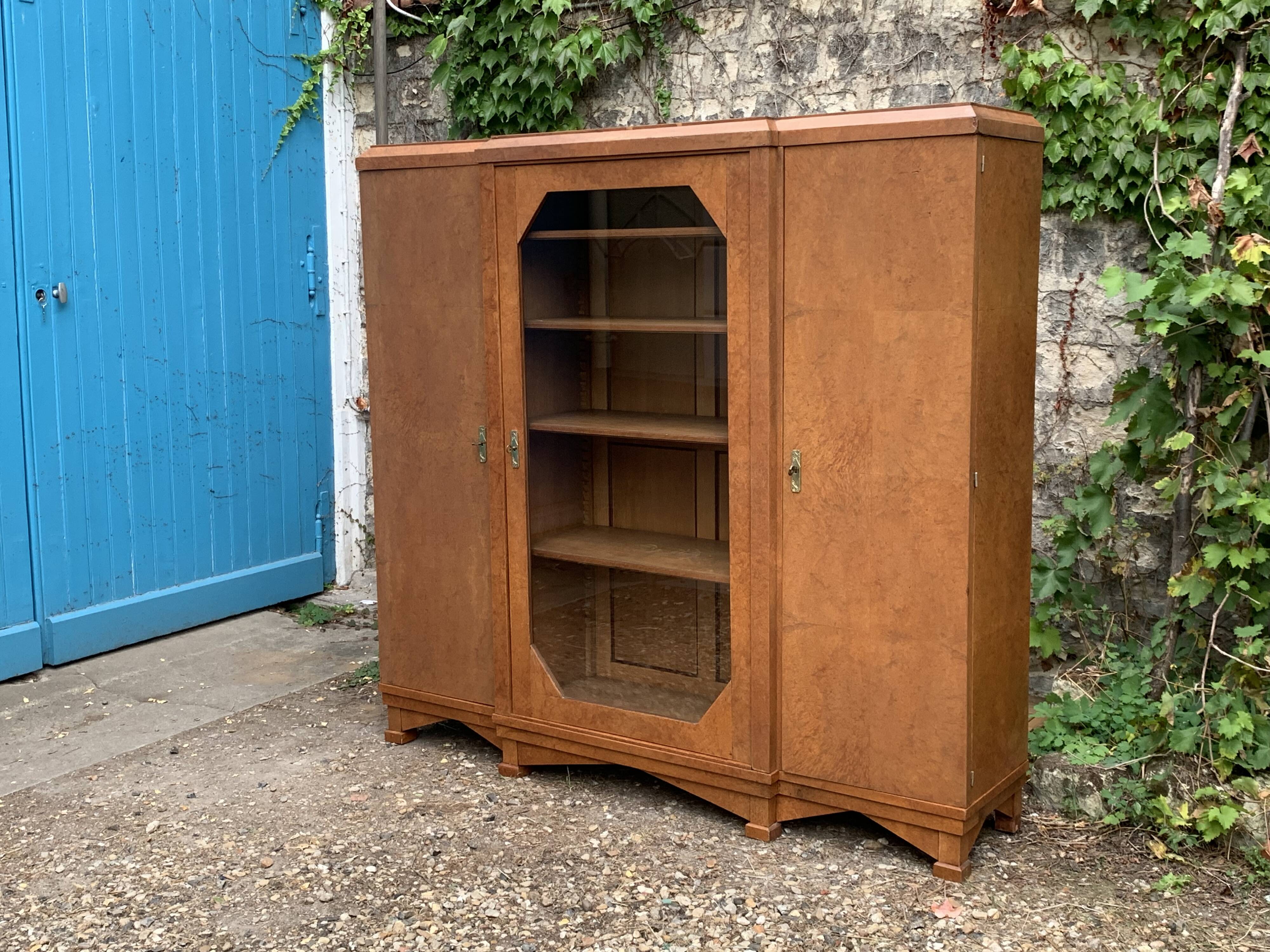 Art deco glass china cabinet in burr walnut 1930