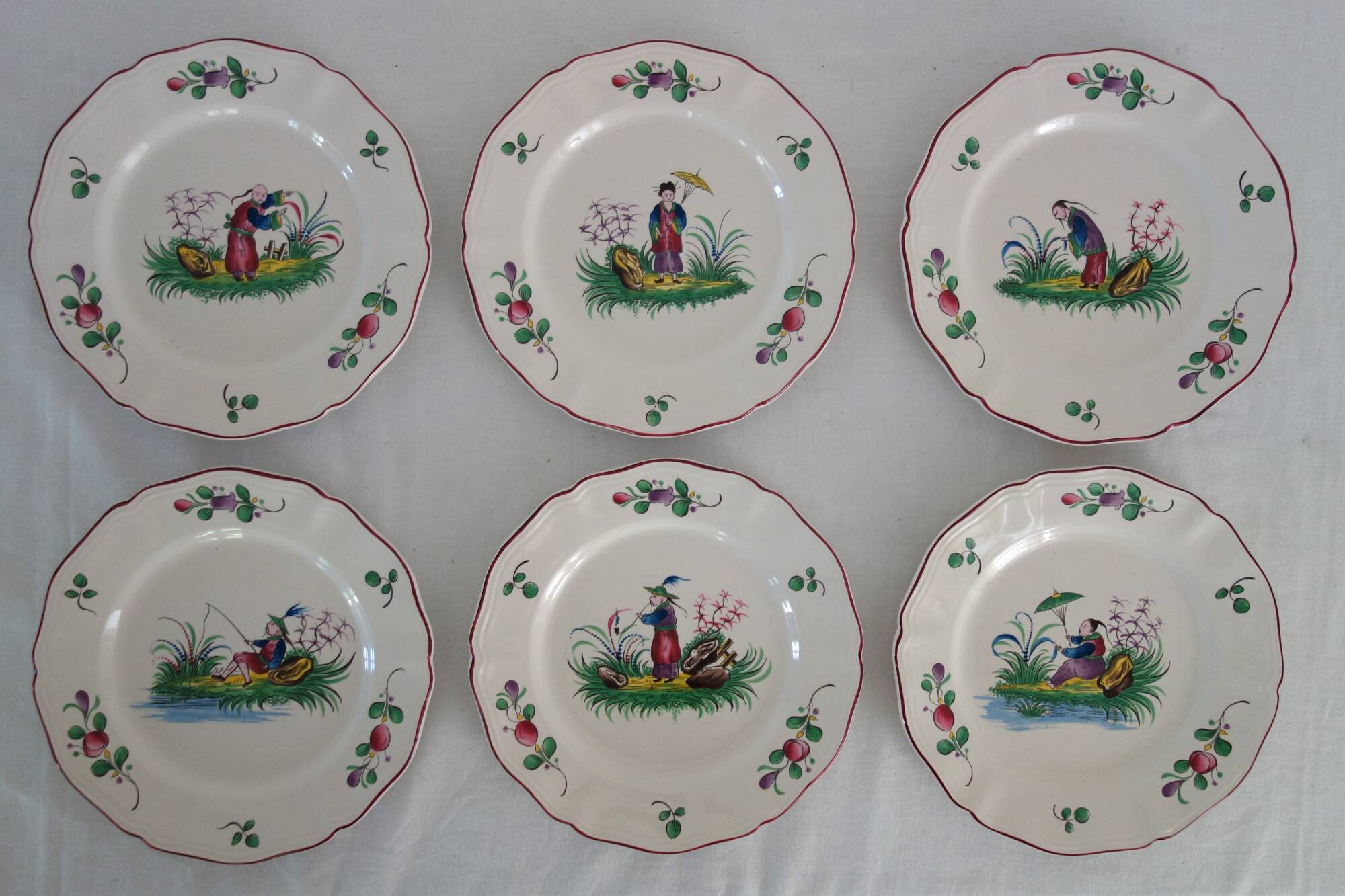 6 Saint Clément Luneville dessert plates with Chinese decoration