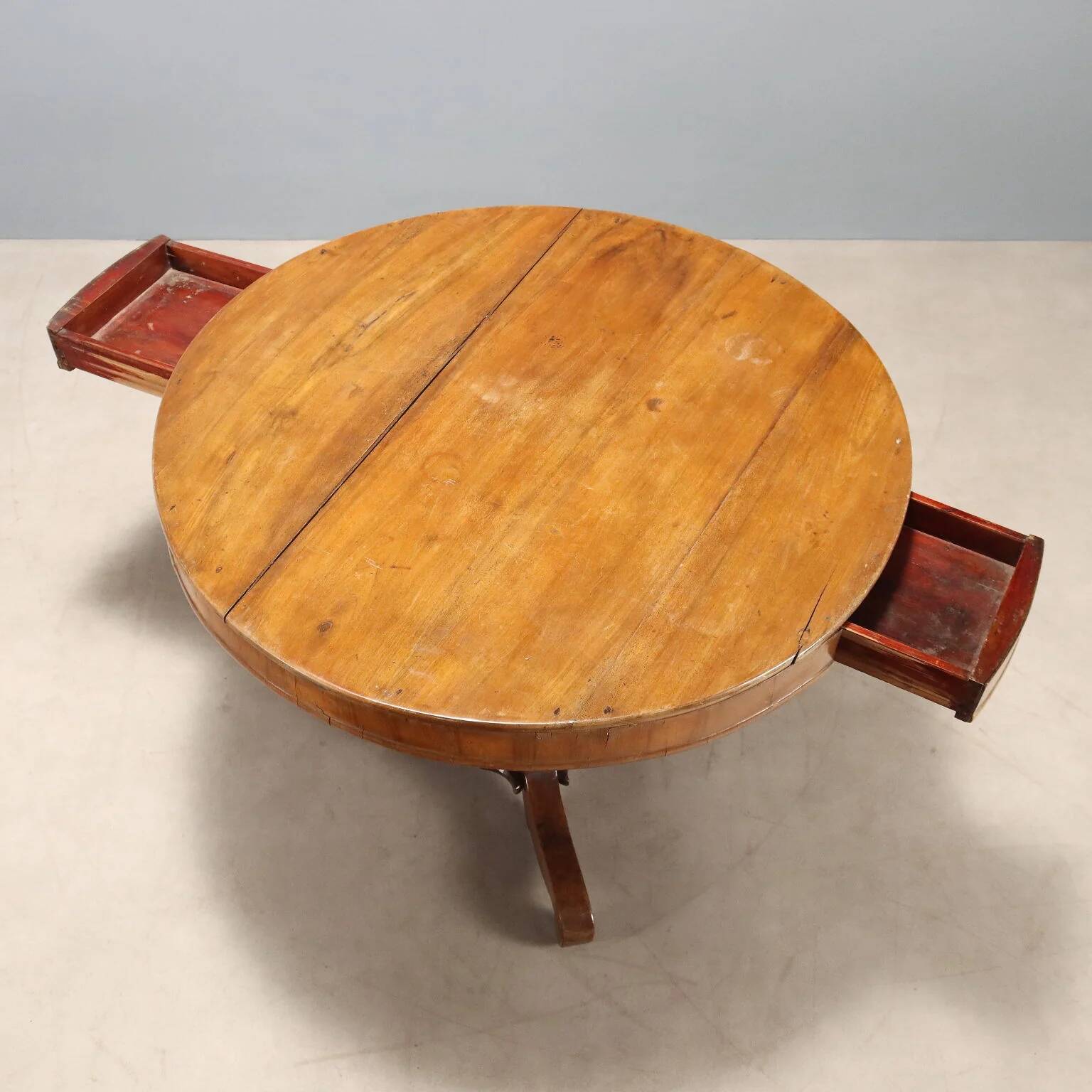 Antique walnut round table with drawers, Italy, 19th century