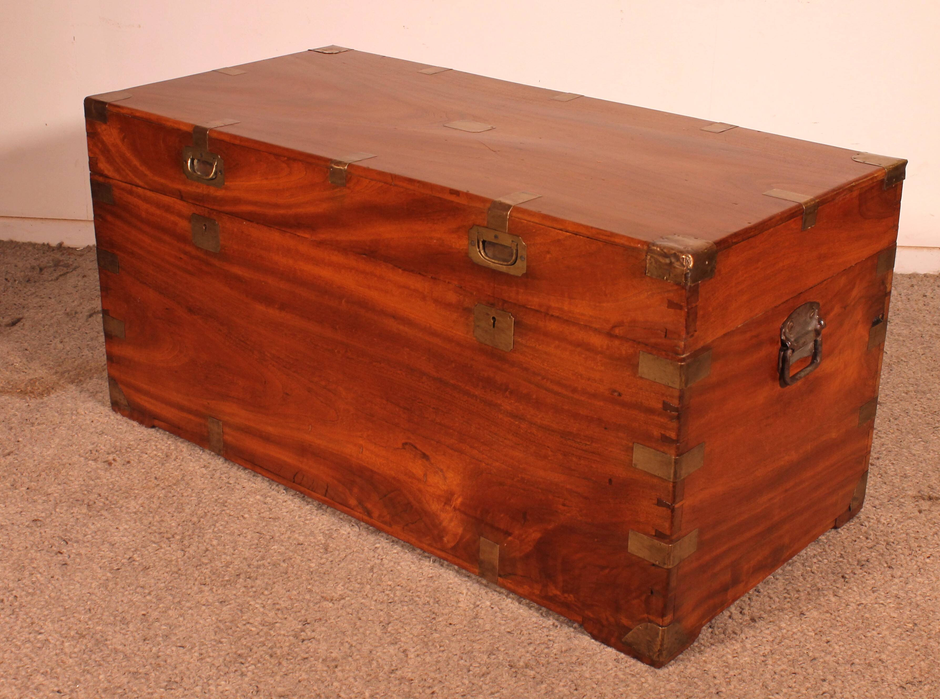 19th-century camphor wood marine chest with double locks and tray in