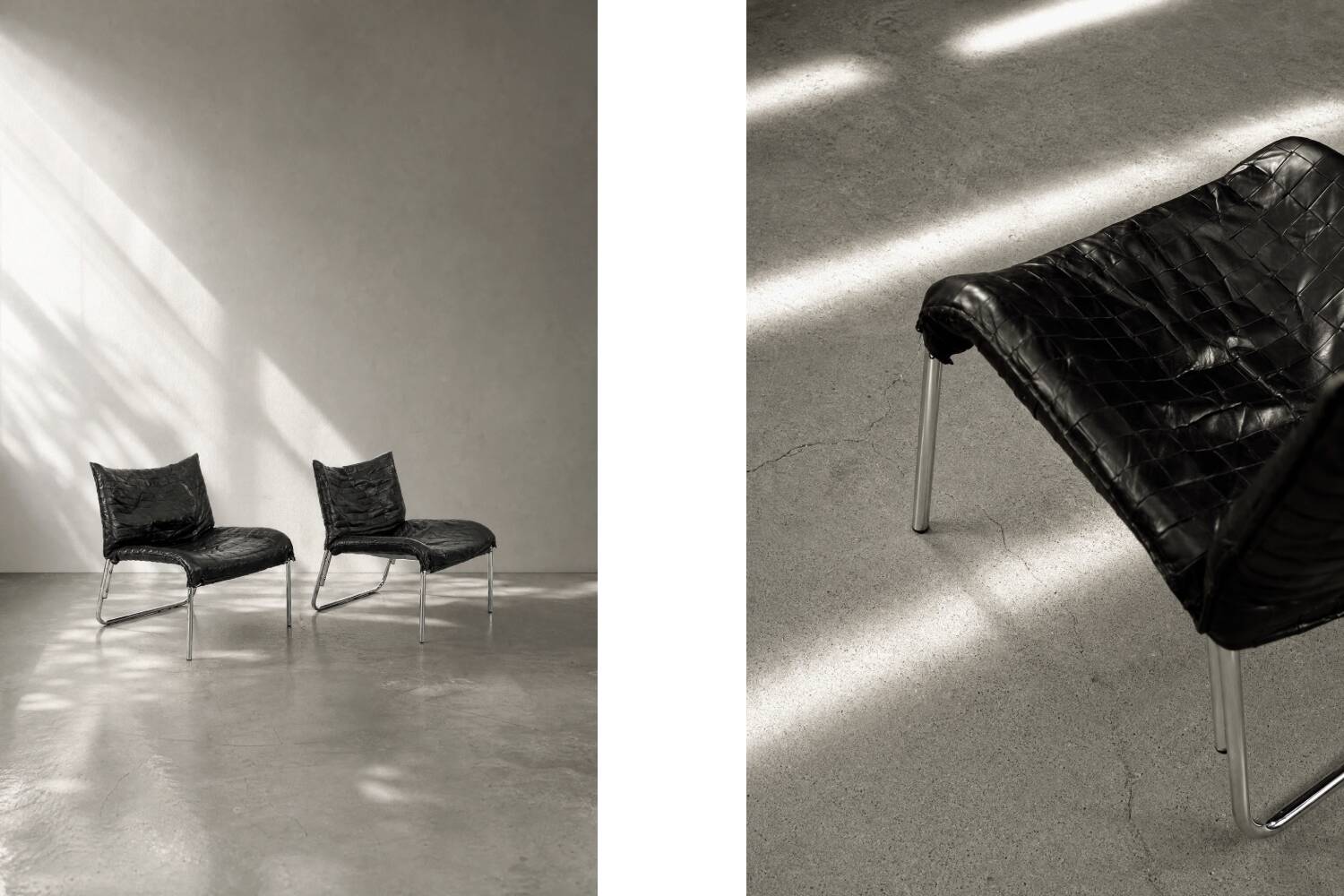 Chaises longues en cuir noir patchwork suédoises modernes du milieu du siècle d'IKEA