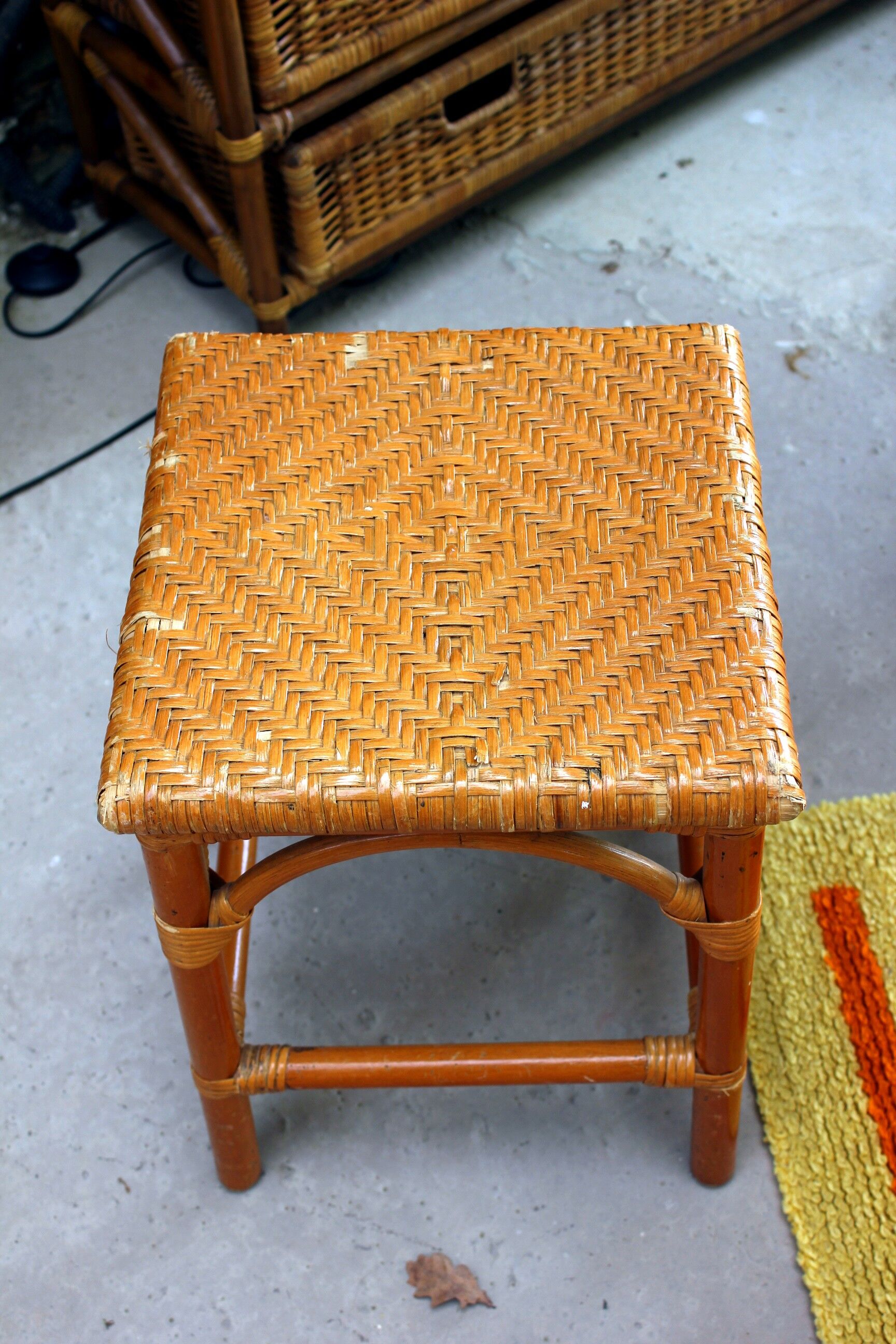 Rattan and wicker stool, vintage bedside table year 70