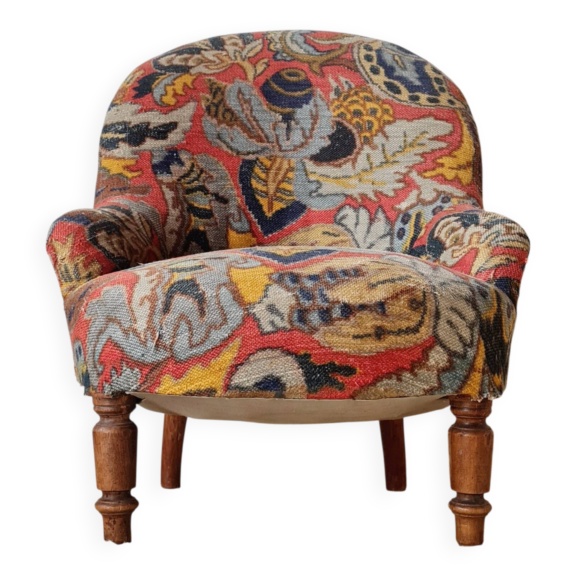 Petit fauteuil crapaud "madame" ancien tapissé de tissu fleuri multicolore