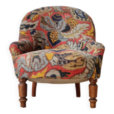 Petit fauteuil crapaud "madame" ancien tapissé de tissu fleuri multicolore