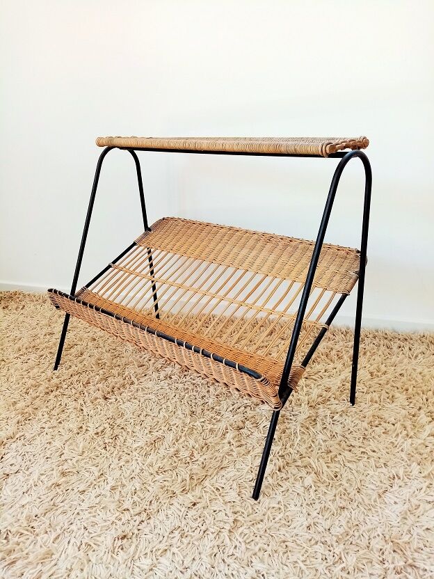 Magazines rack metal shelf and wicker years 50
