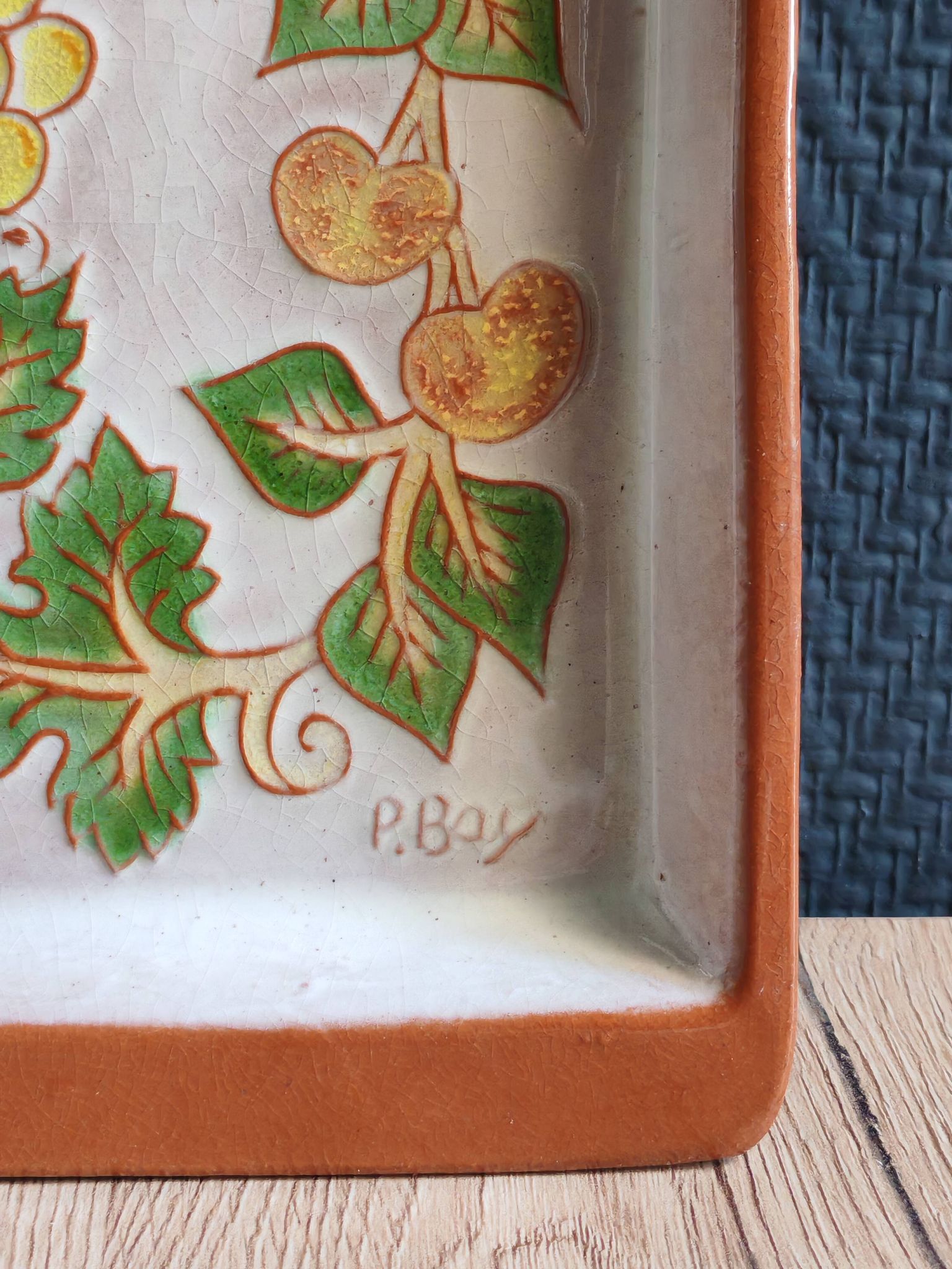 Terracotta plate signed P.Boy, glazed artisanal ceramics.