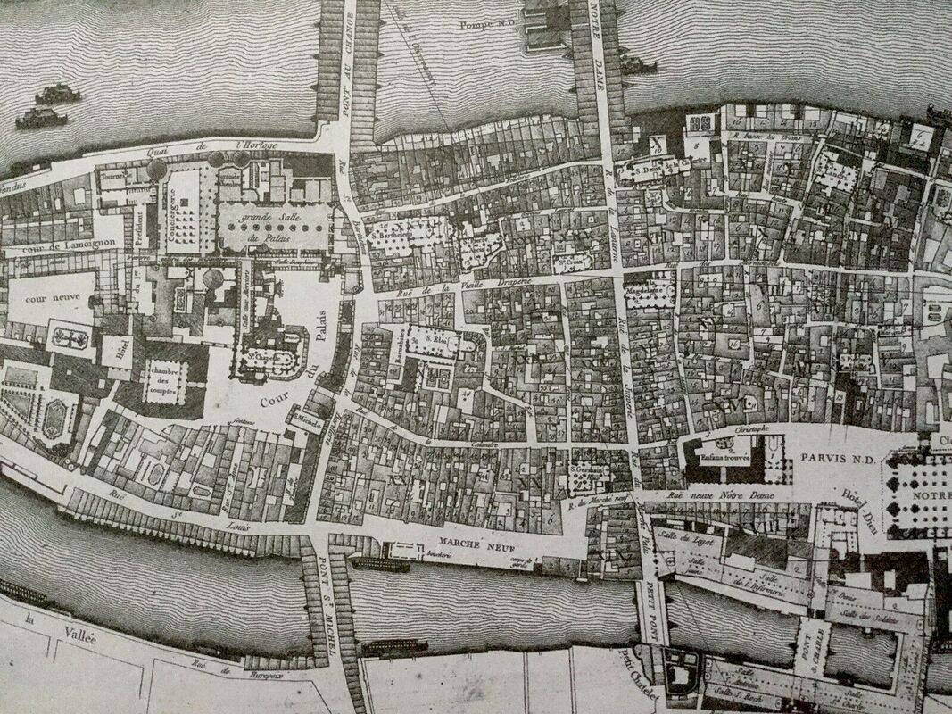 Historical map of the Ile de la Cité in Paris in 1754