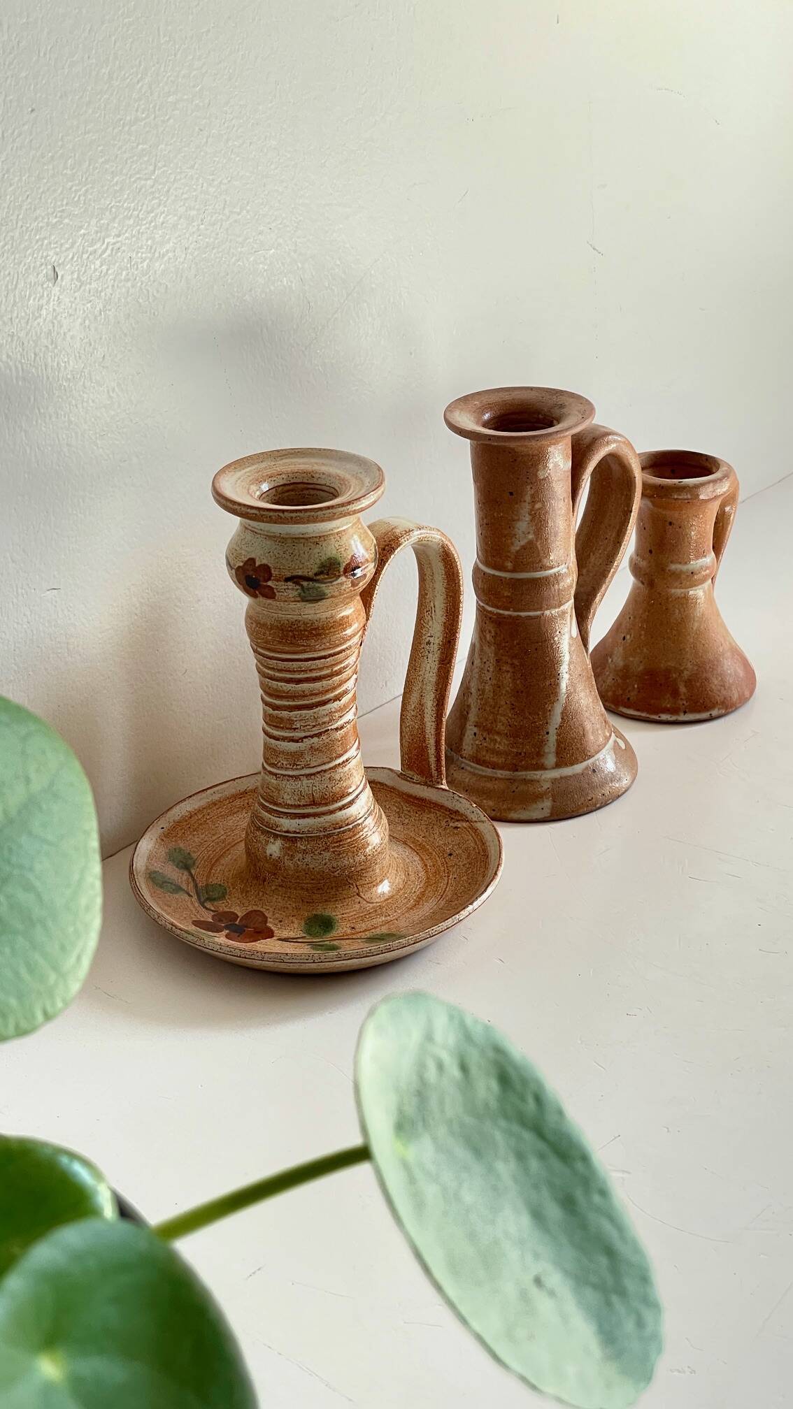 3 vintage handcrafted pottery candle holders