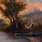 French school of the end of the nineteenth, landscape at the river, animated by a character.